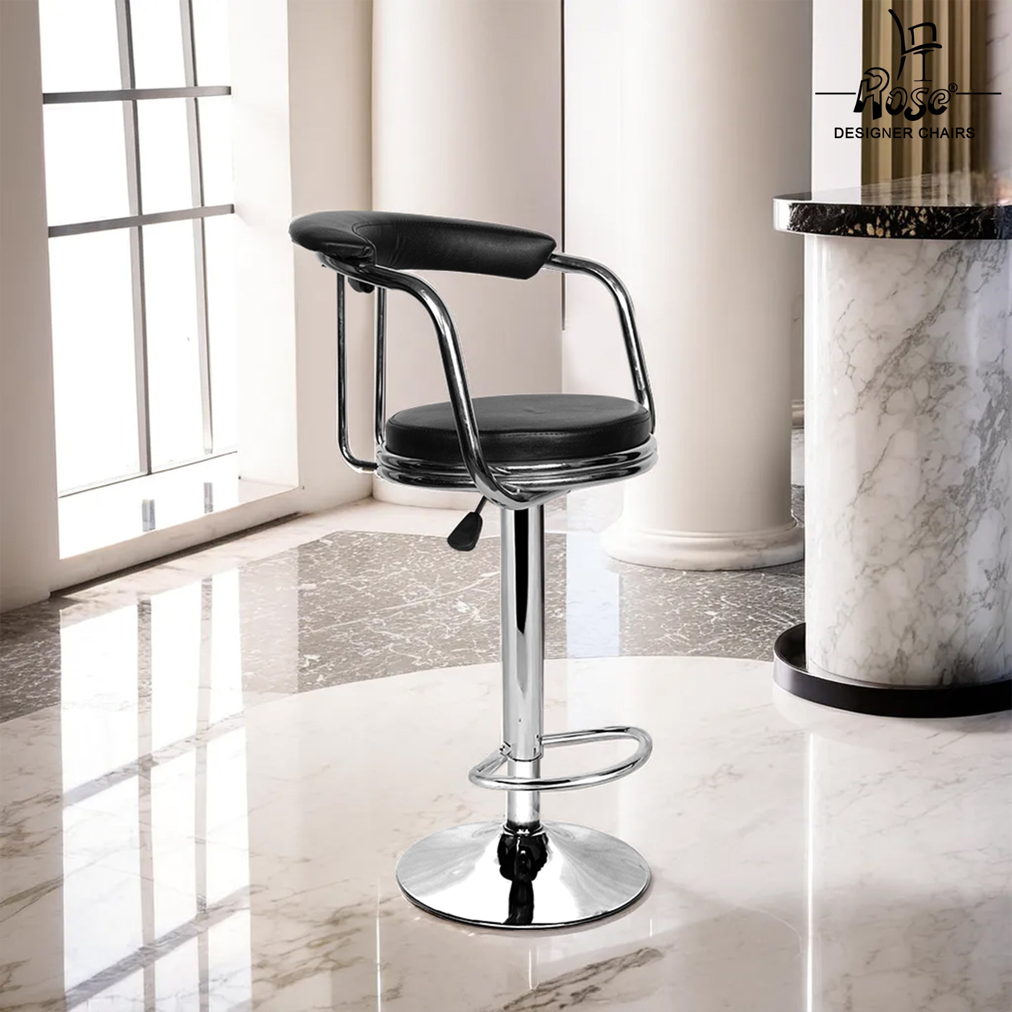 Rocktile Barstool Gitaarkruk - Stijlvolle Barstoel - Ronde, draaibare zitting van zwart kunstleer - Zithoogte: 62 cm (24) - Voetsteun op 26 cm hoogte - Verchroomd stalen onderstel