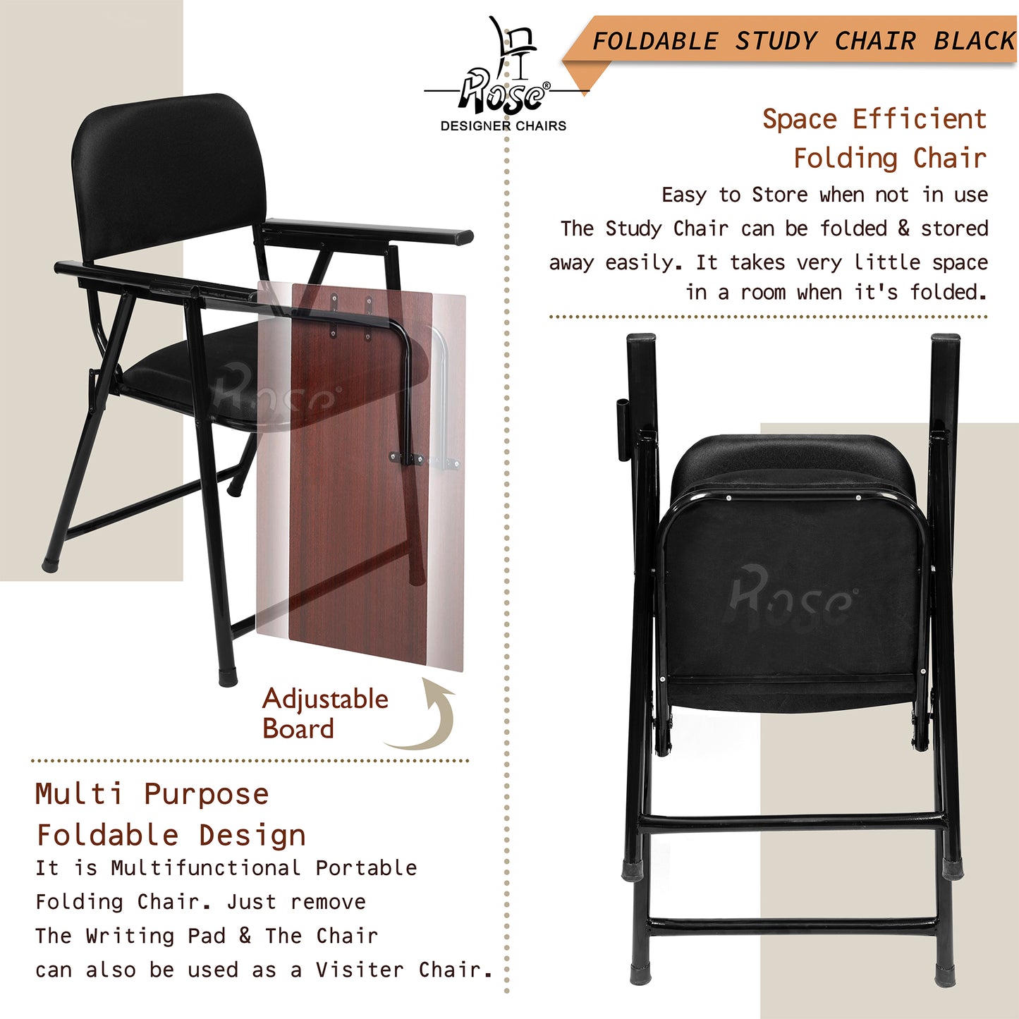 ROSE® Folding Chair with Writing Pad | Adjustable Cushion Seat | Work from Home, Study, School & College (Black)
