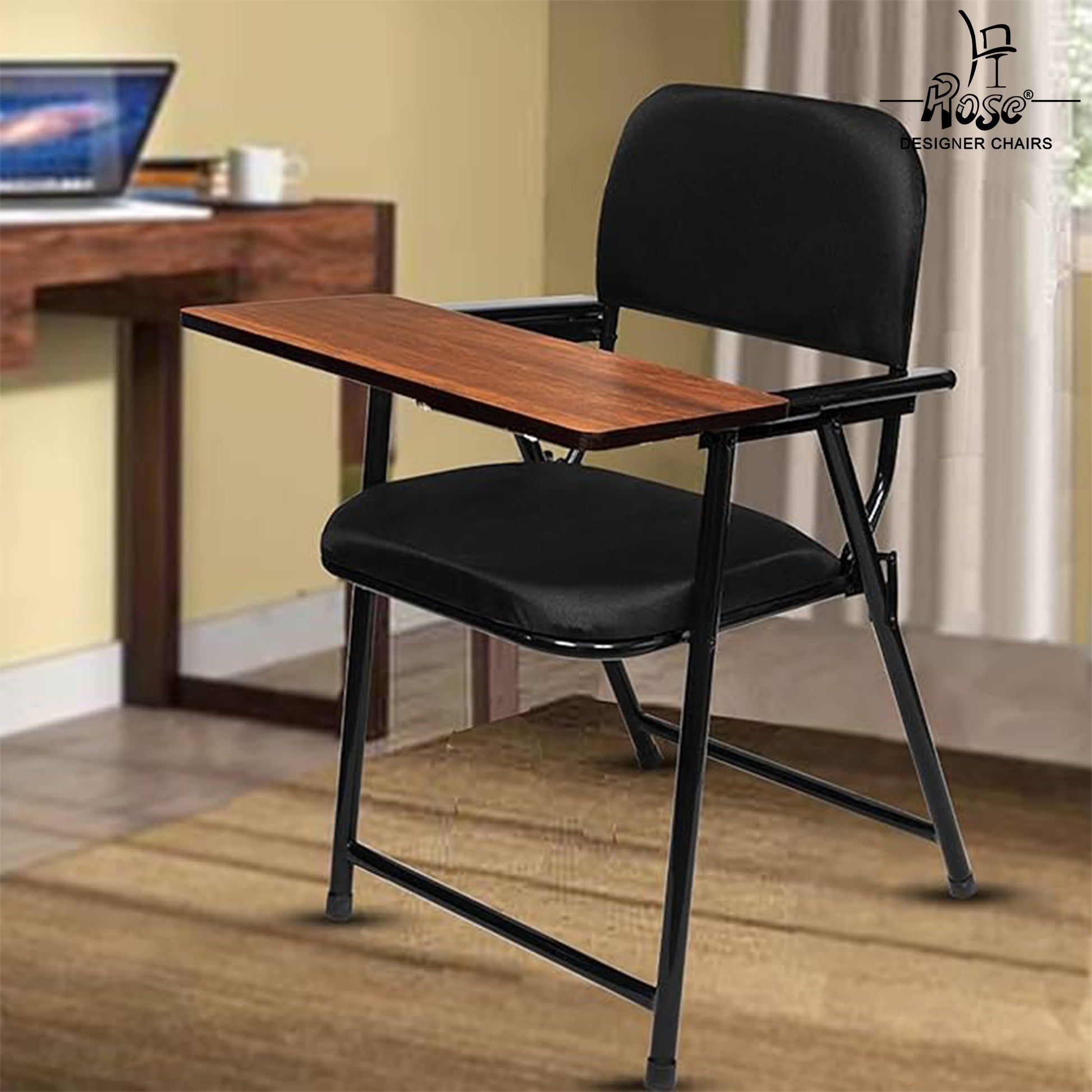ROSE® Folding Chair with Writing Pad | Adjustable Cushion Seat | Work from Home, Study, School & College (Black)
