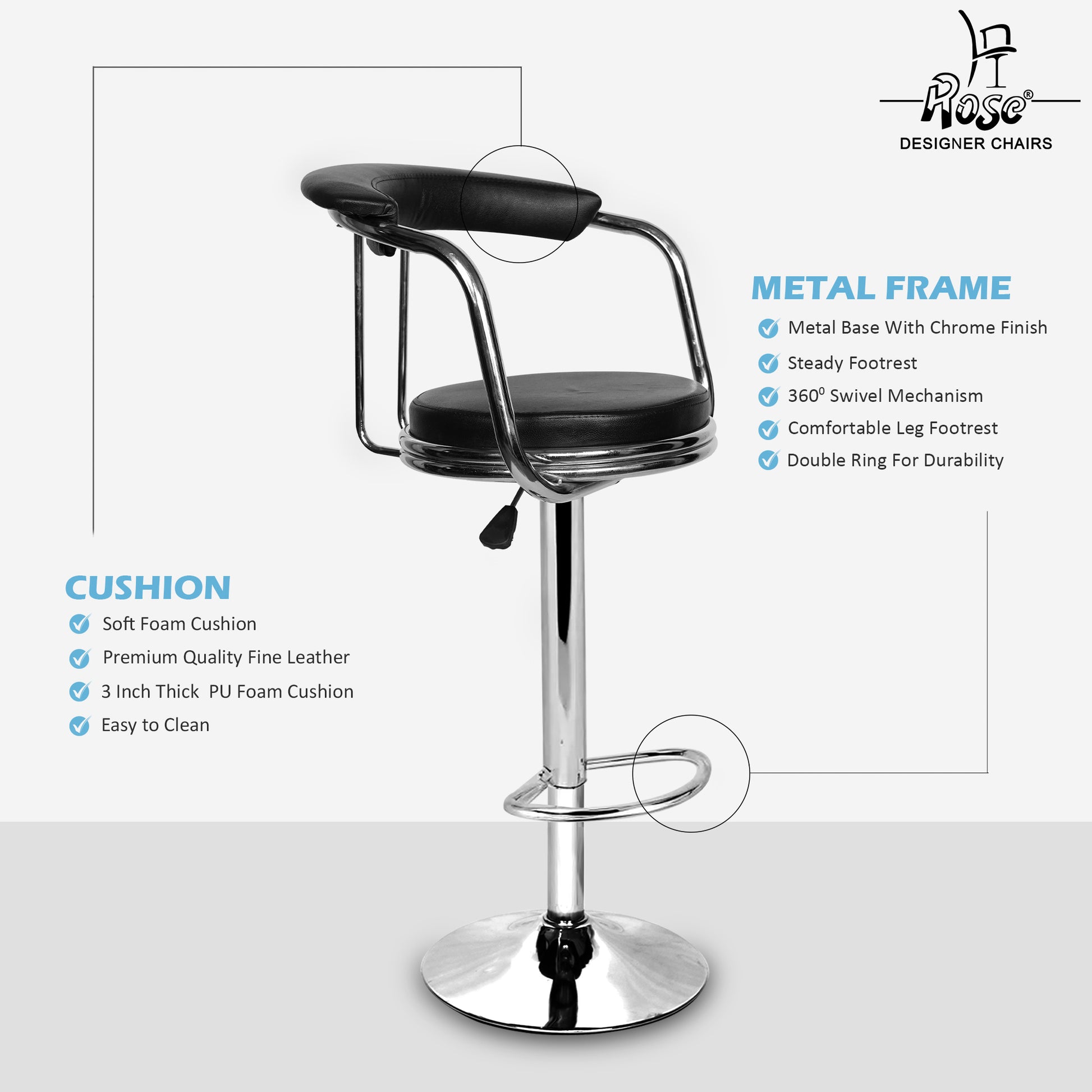 Rose® Kiya BarStool Height Adjustable & Revolving Bar Stool/Kitchen Chair (Black)