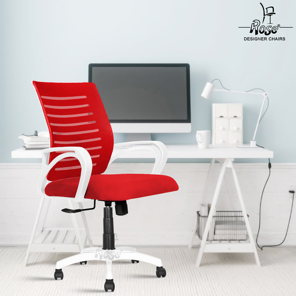 Mesh Mid-Back chair (White & Red Elite)Set of 1 Bg Img