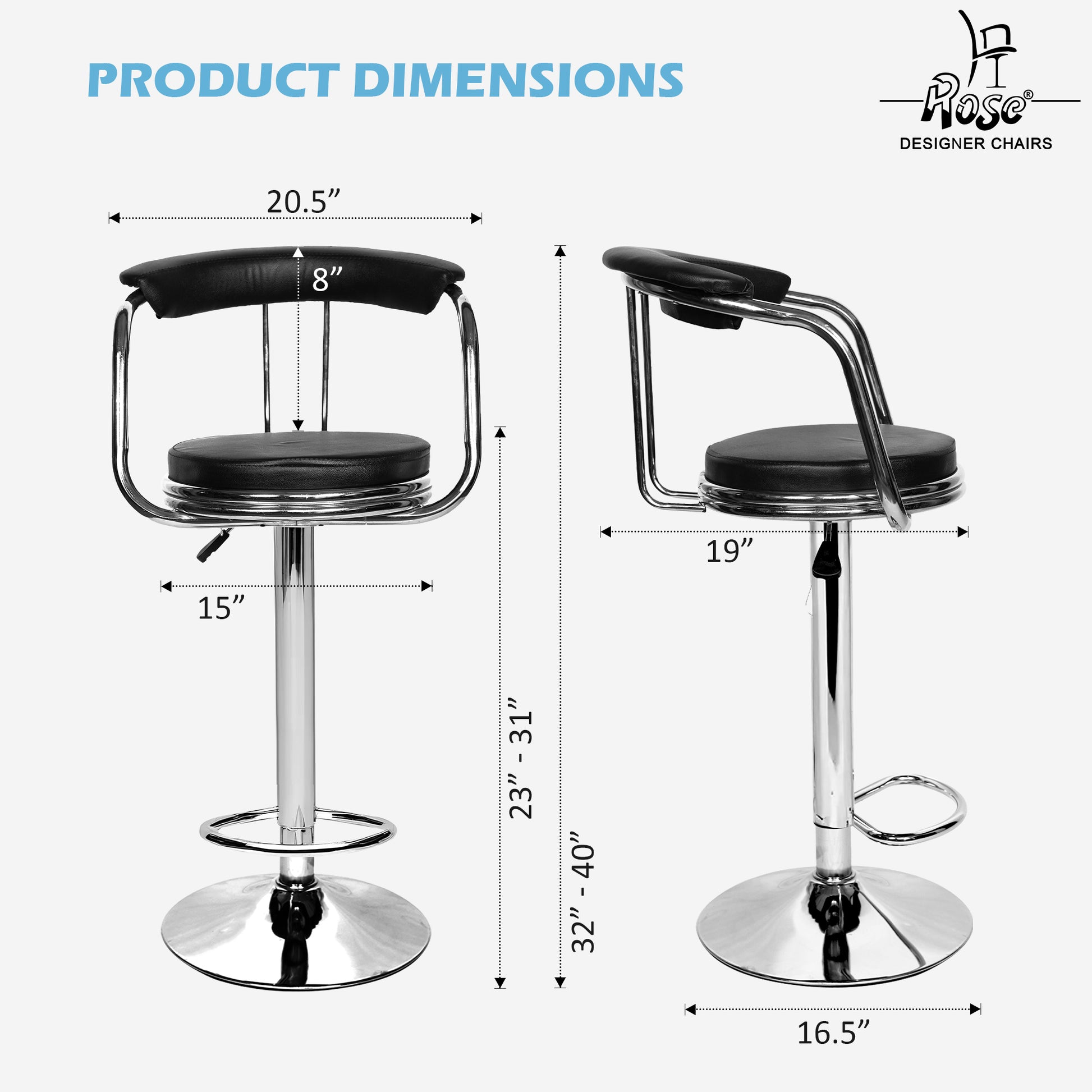 Rose® Kiya BarStool Height Adjustable & Revolving Bar Stool/Kitchen Chair (Black)