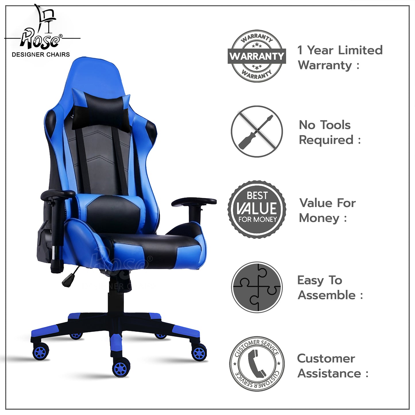 ROSE® Up Gaming with Multi-Functional Ergonomic Gaming Chair (Blue)