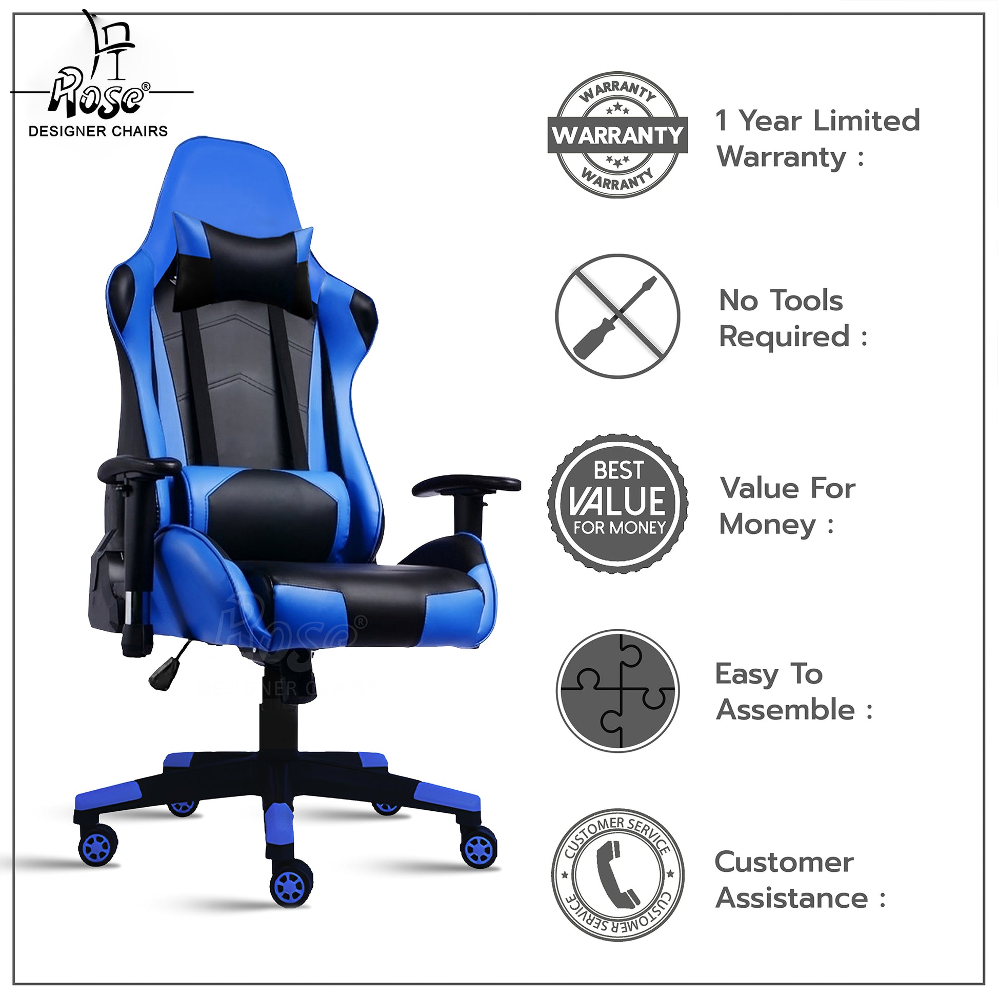 ROSE® Up Gaming with Multi-Functional Ergonomic Gaming Chair (Blue)