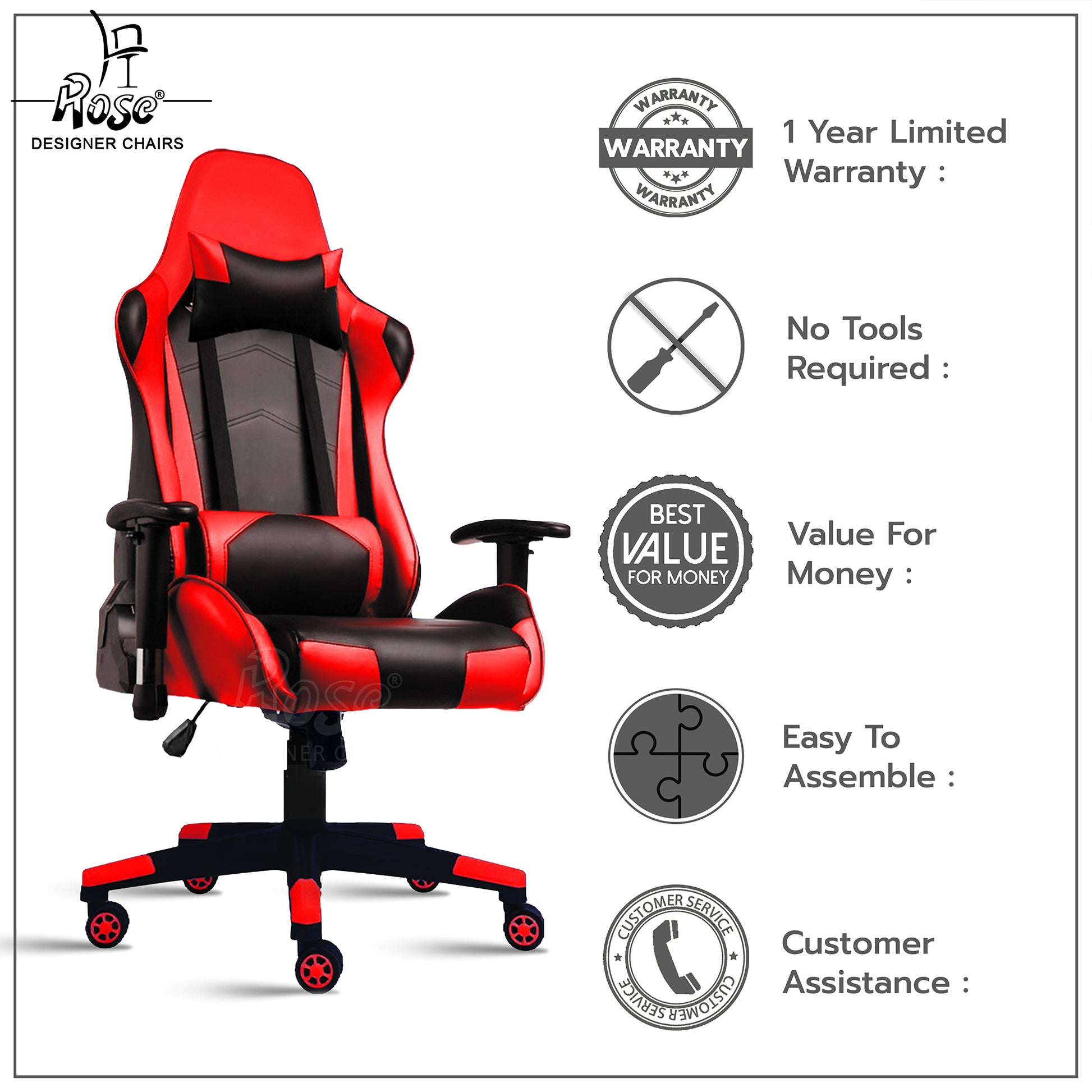 ROSE® Up Gaming with Multi-Functional Ergonomic Gaming Chair (Red)