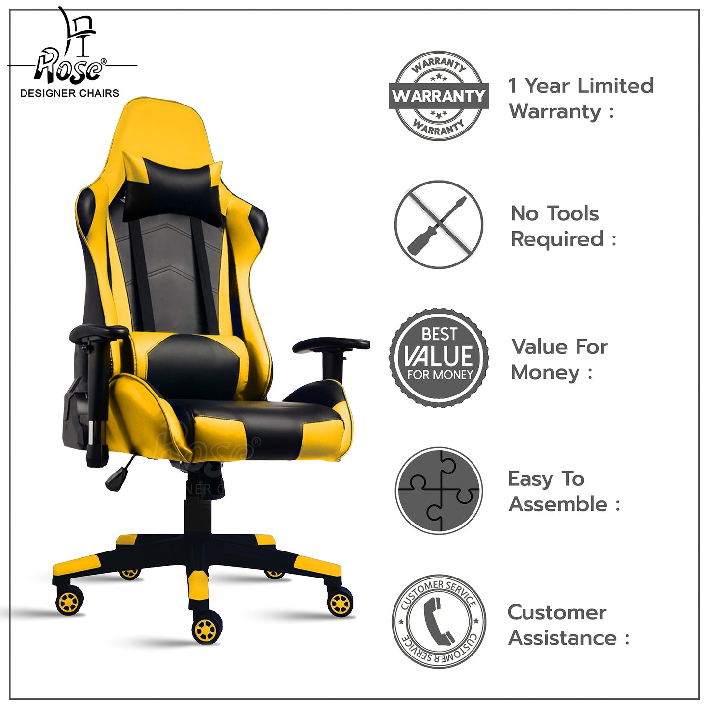 ROSE® Up Gaming with Multi-Functional Ergonomic Gaming Chair (Yellow)