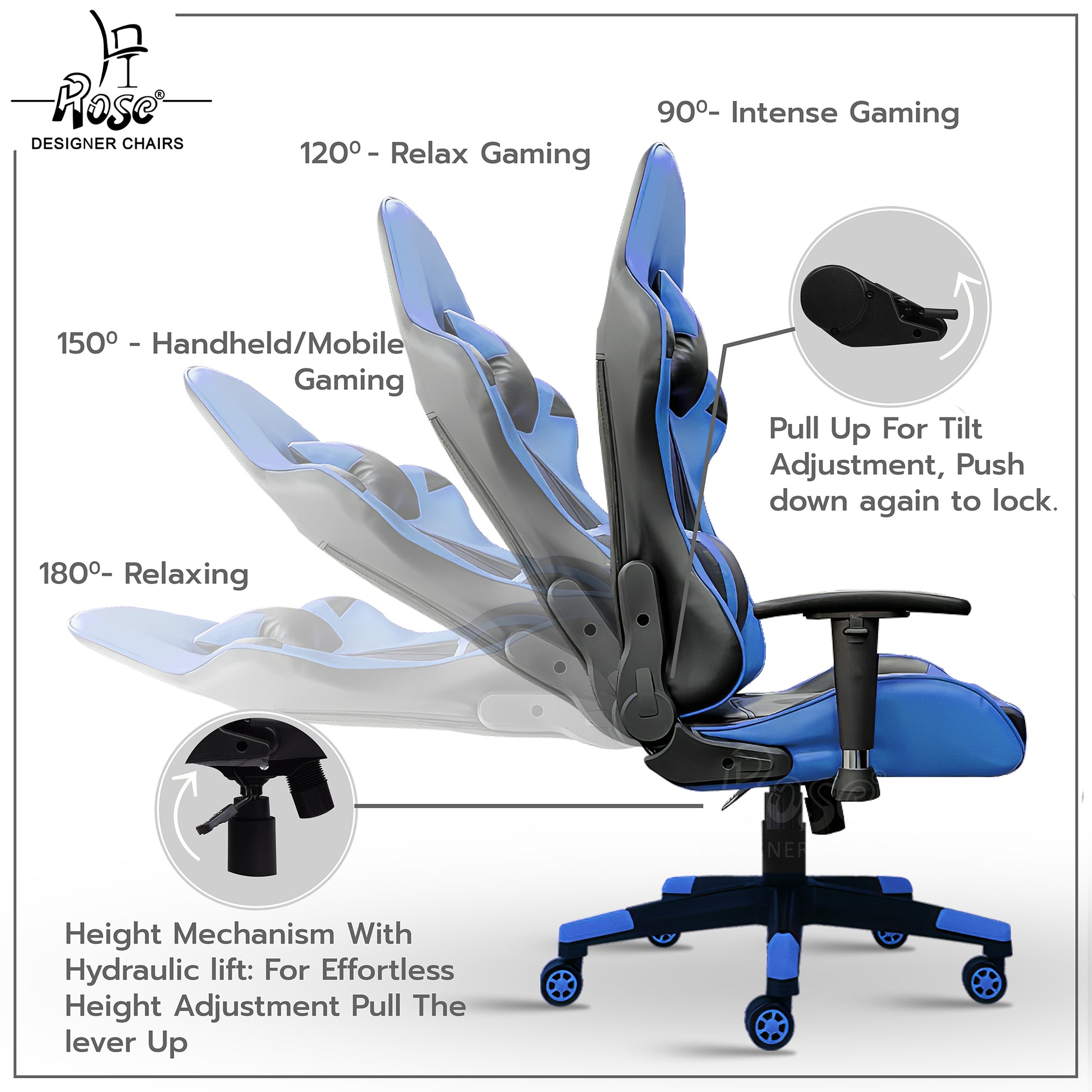 ROSE® Up Gaming with Multi-Functional Ergonomic Gaming Chair (Blue)