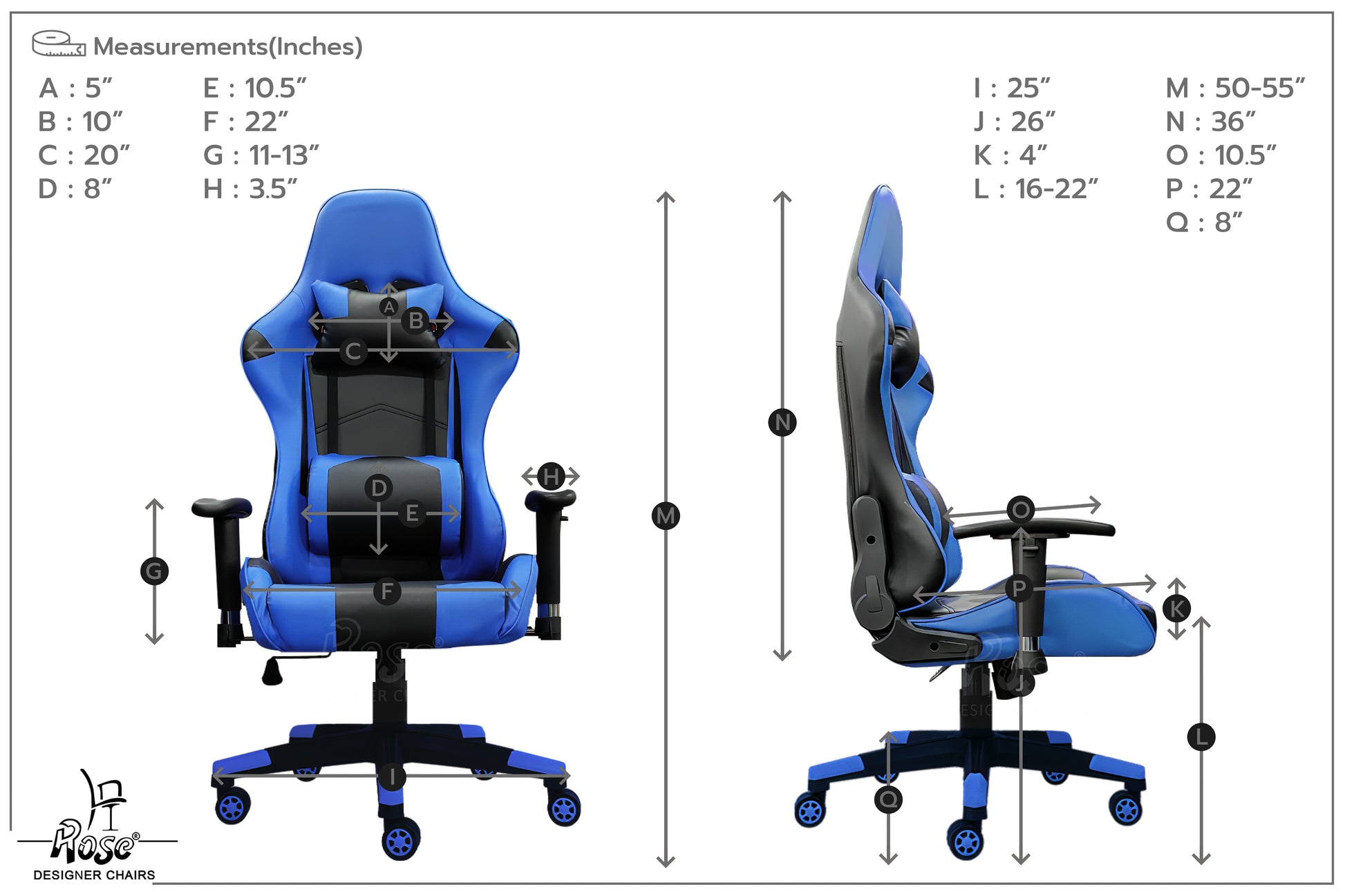 ROSE® Up Gaming with Multi-Functional Ergonomic Gaming Chair (Blue)