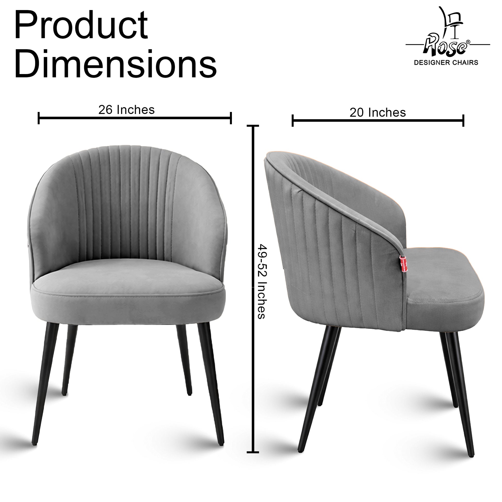 Noor Valvet Arm Dining Chair(Mouse Gray) Set of 2 Dimensions