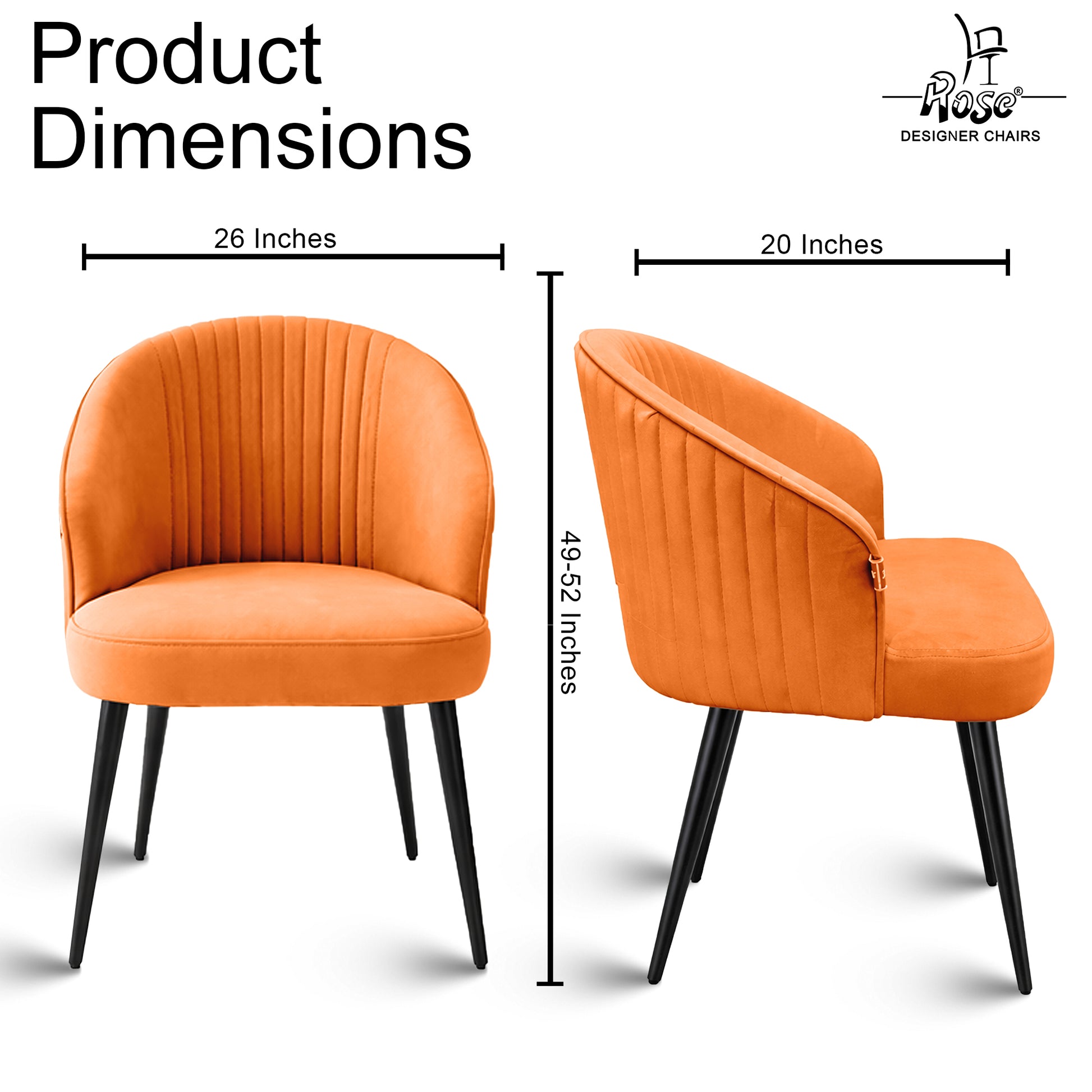 Noor Valvet Arm Dining Chair(Apricot Orange) Set of 2 Dimensions
