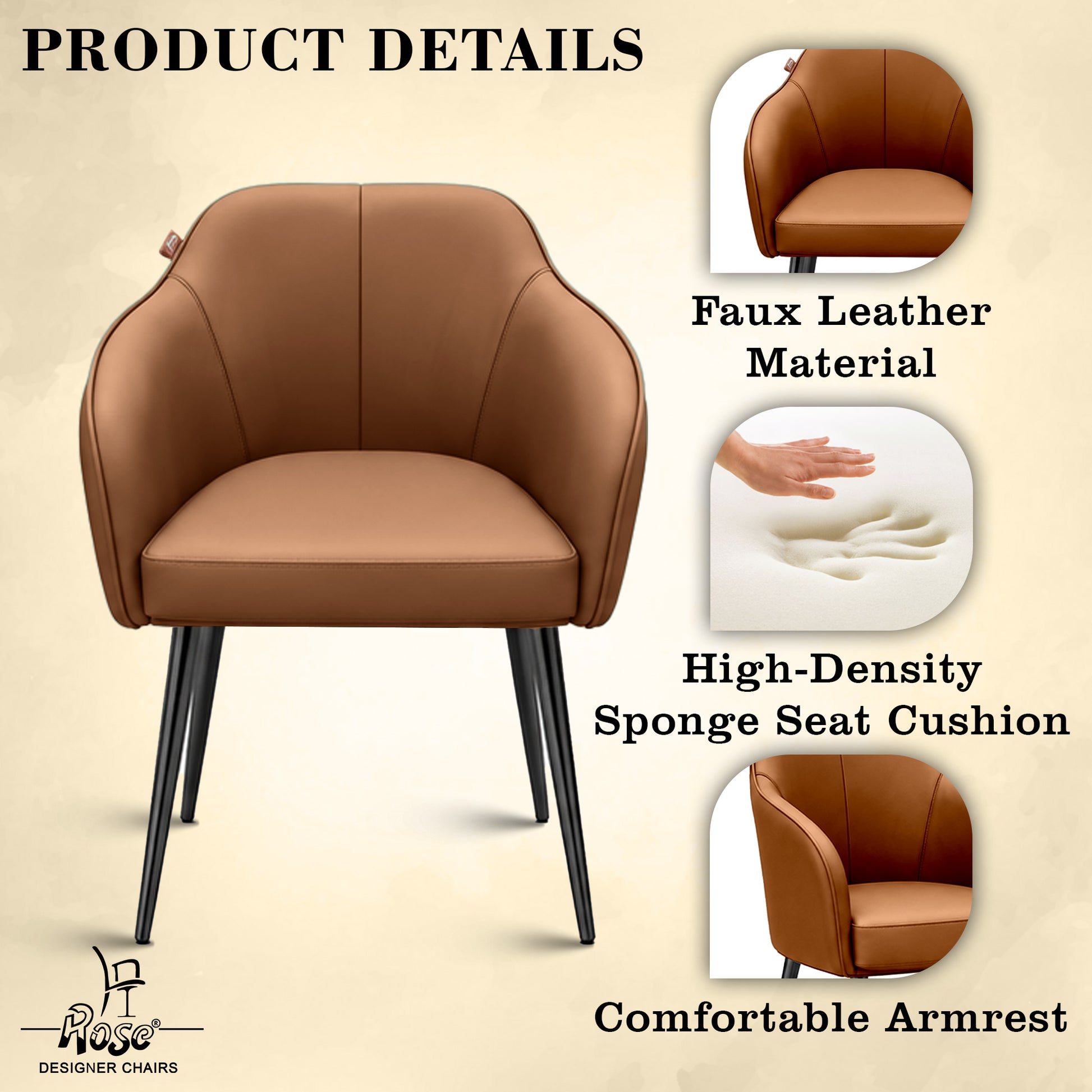 Haze Faux Leather Chair( Caramel Brown) Set of 2 Features