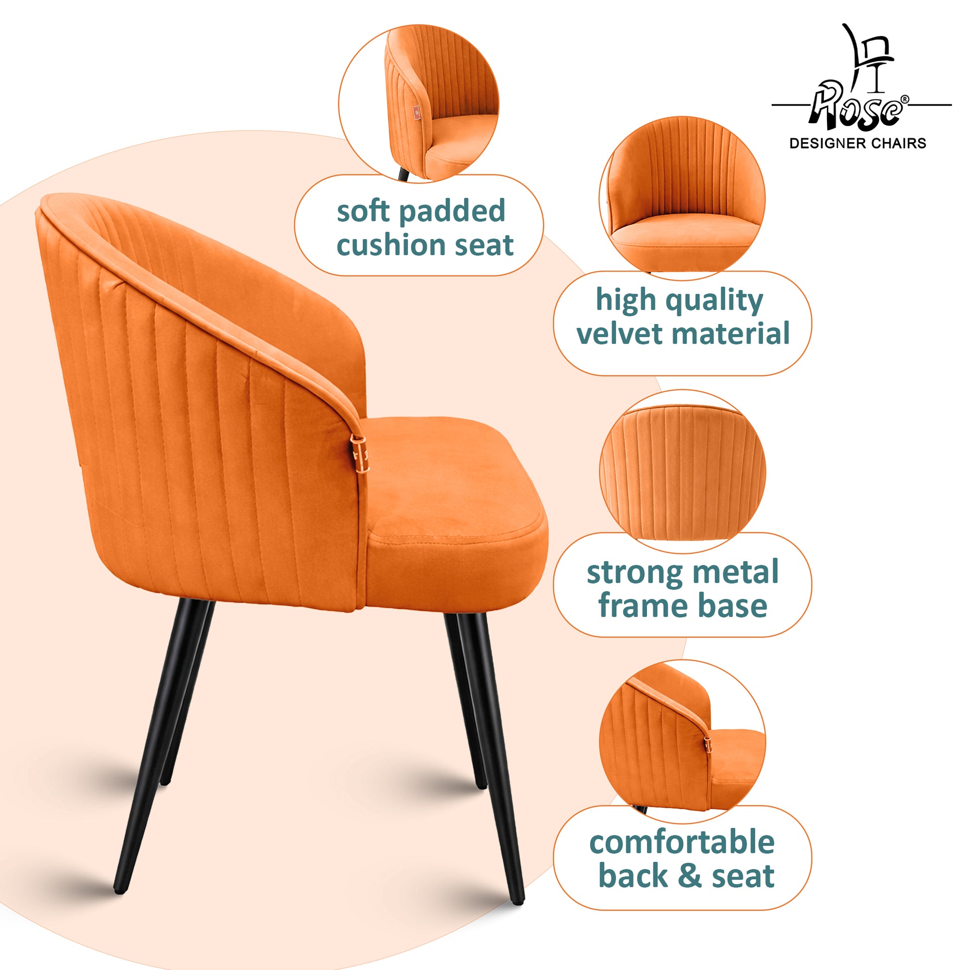 Noor Valvet Arm Dining Chair(Apricot Orange) Set of 2 Features 2