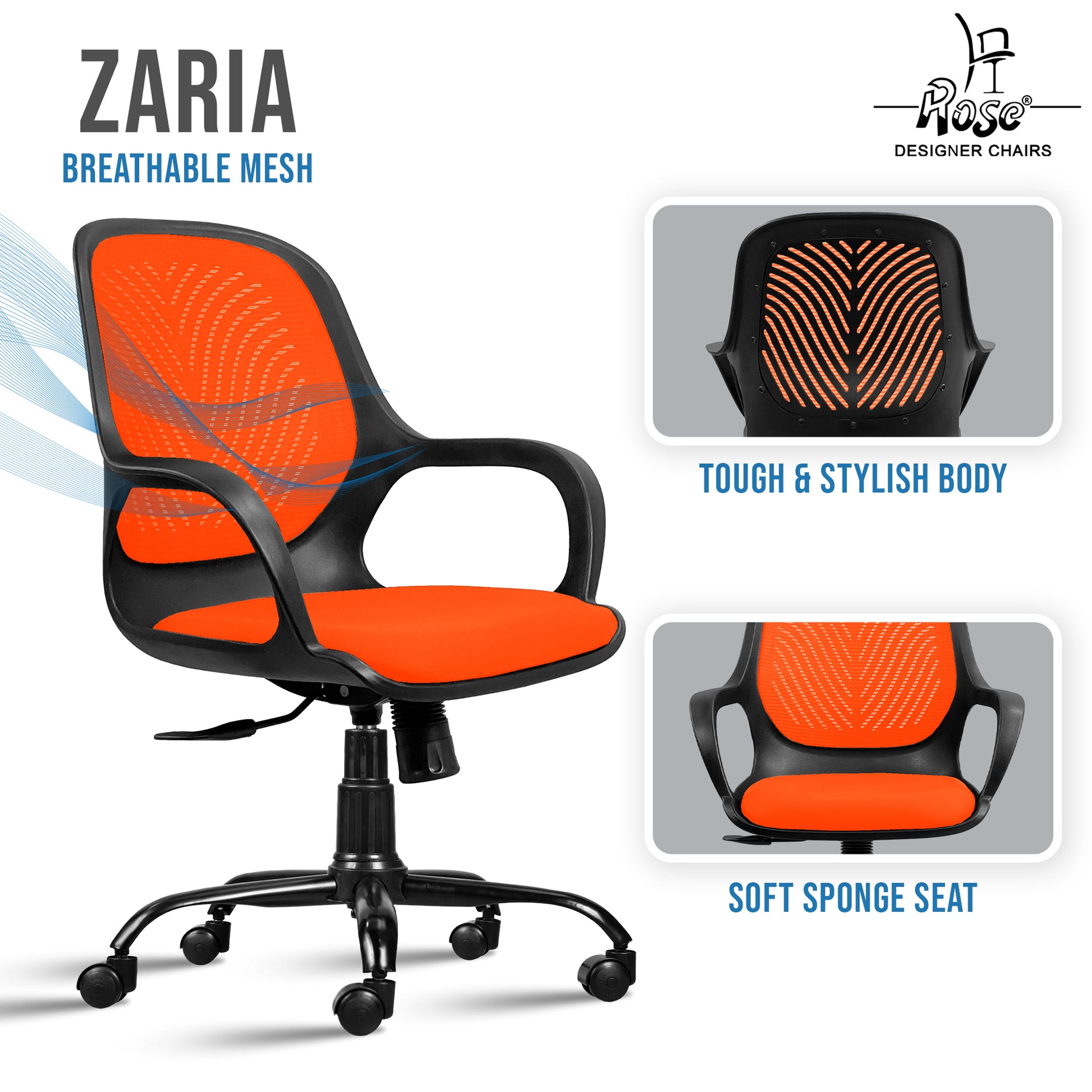 Zaria orang and black chair features