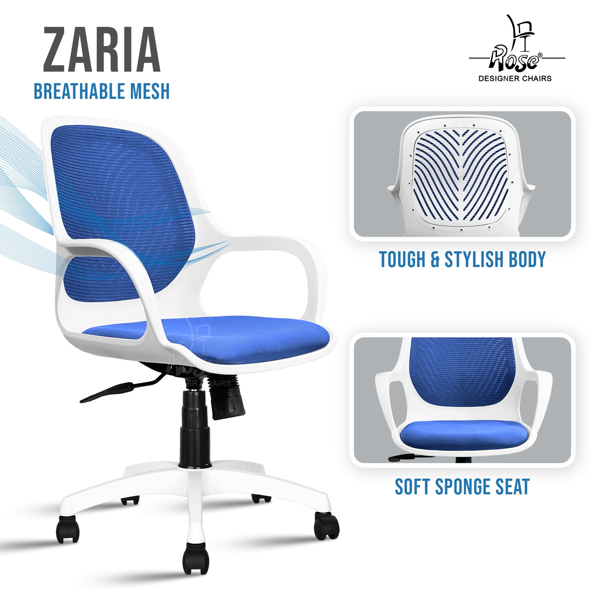 Zaria blue  and white chair features 