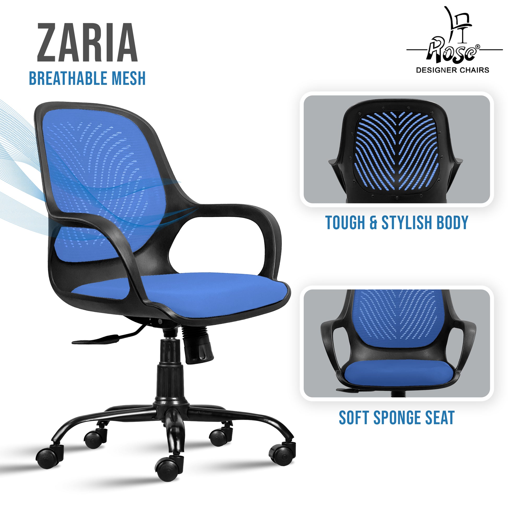 Zaria blue and black chair features