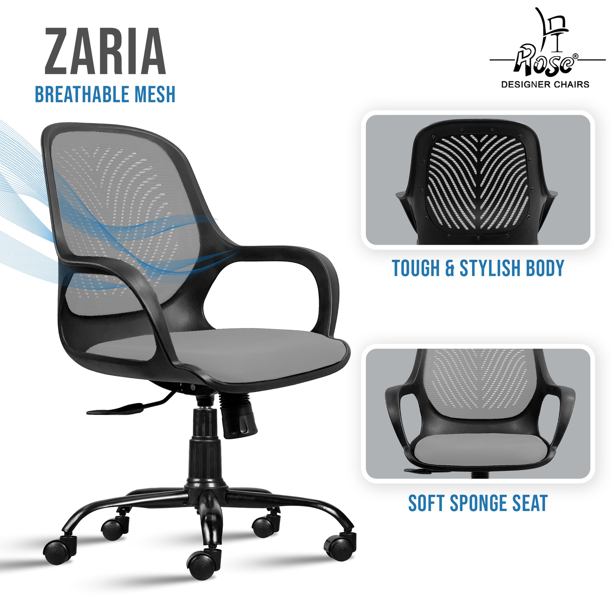 Zaria grey and black chair features