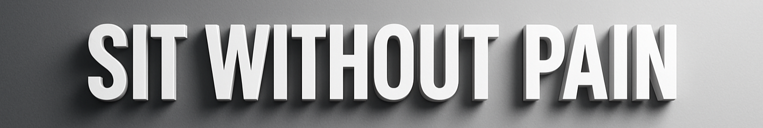 Minimalist banner design with bold 3D-style white block text saying "SIT WITHOUT PAIN",in open sans condensed font, horizontal single line centered on the canvas. Smooth gradient background transitioning from deep grey on the left to light white on the right, soft shadows behind the text for depth, clean and modern style, high-resolution, professional product advertisement look.