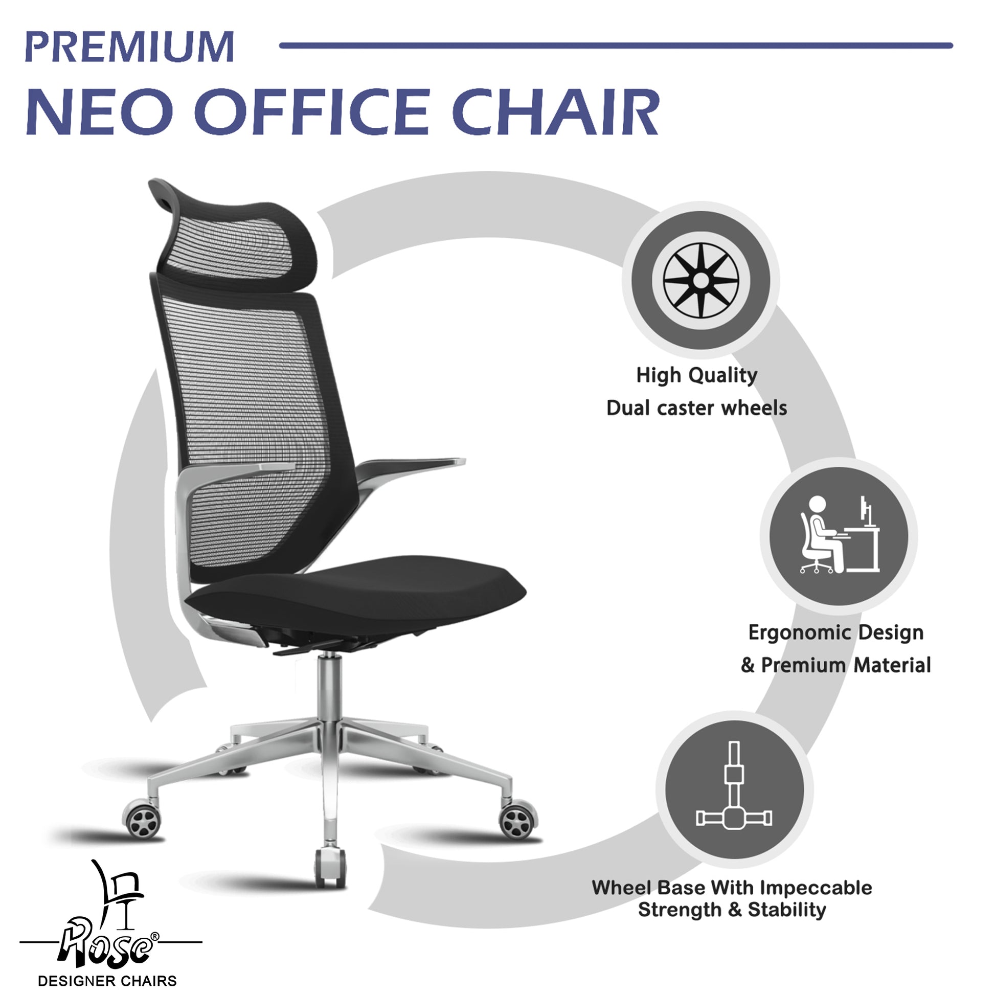 ROSE® Pablo High Back Office & Home Chair (Black (Mesh))