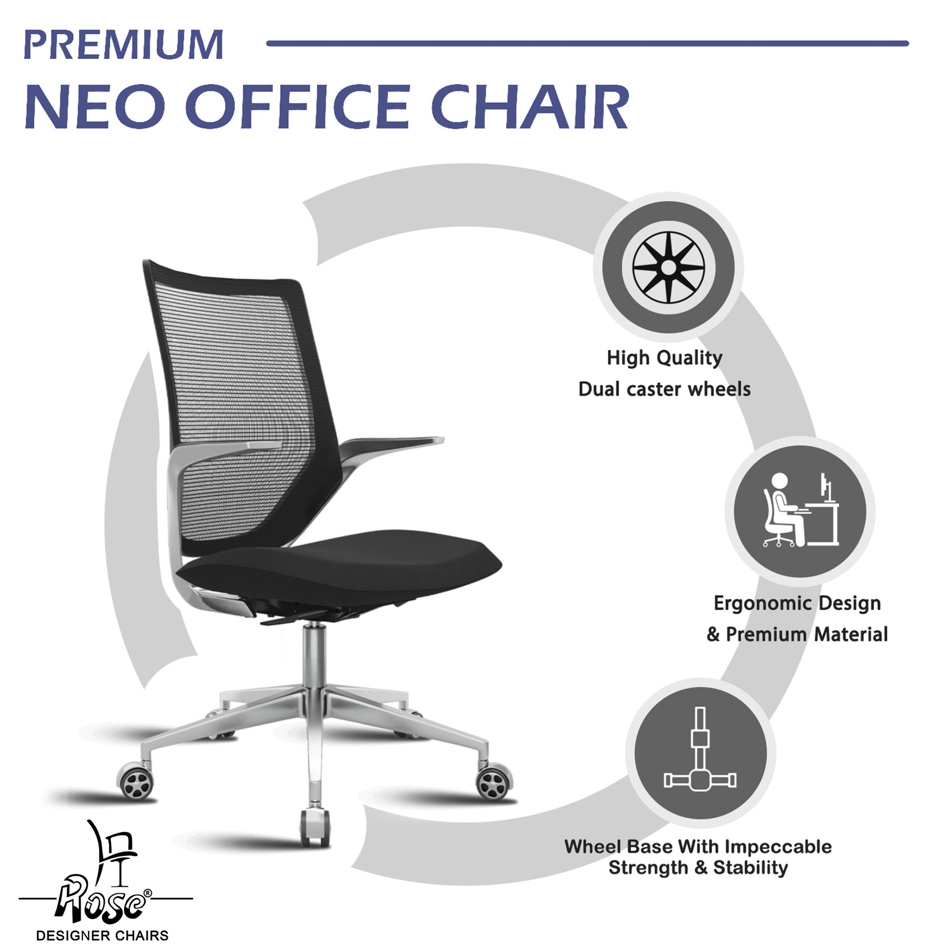 ROSE® Pablo Mid Back Office & Home Chair (Black (Mesh))