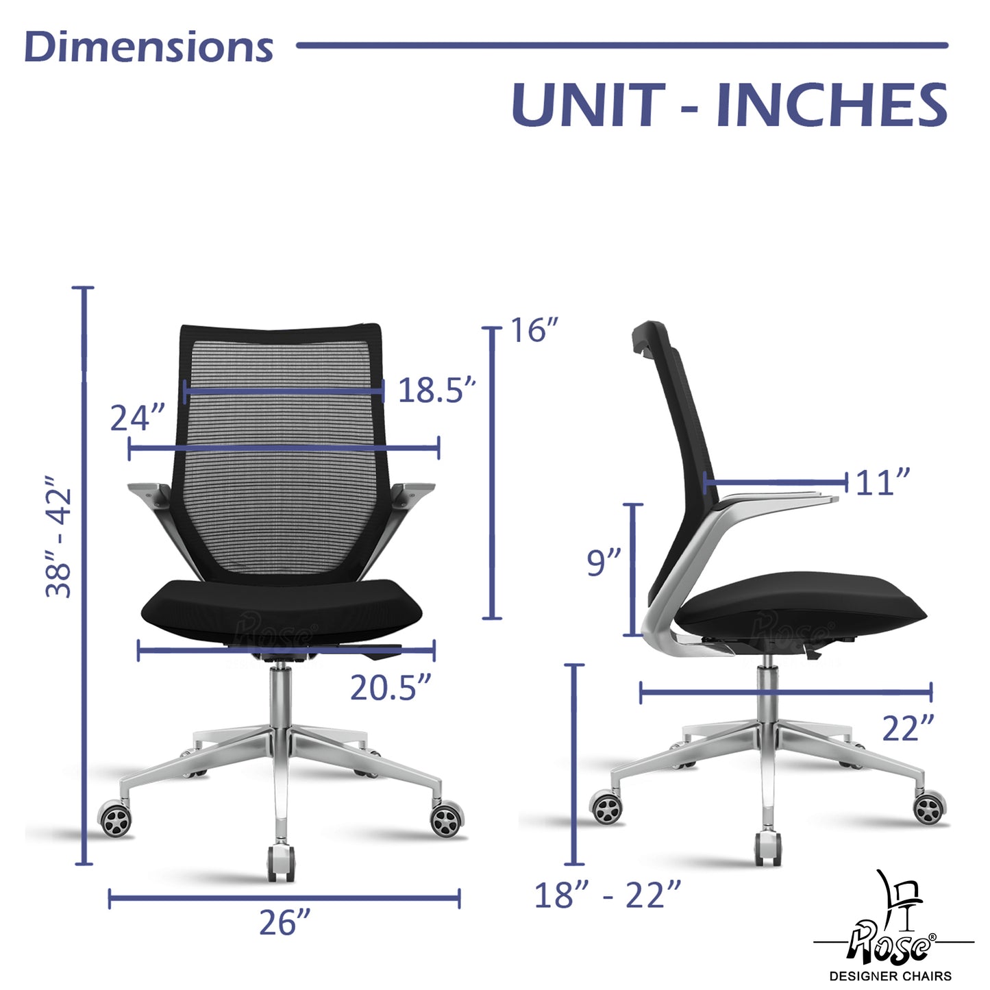 ROSE® Pablo Mid Back Office & Home Chair (Black (Mesh))