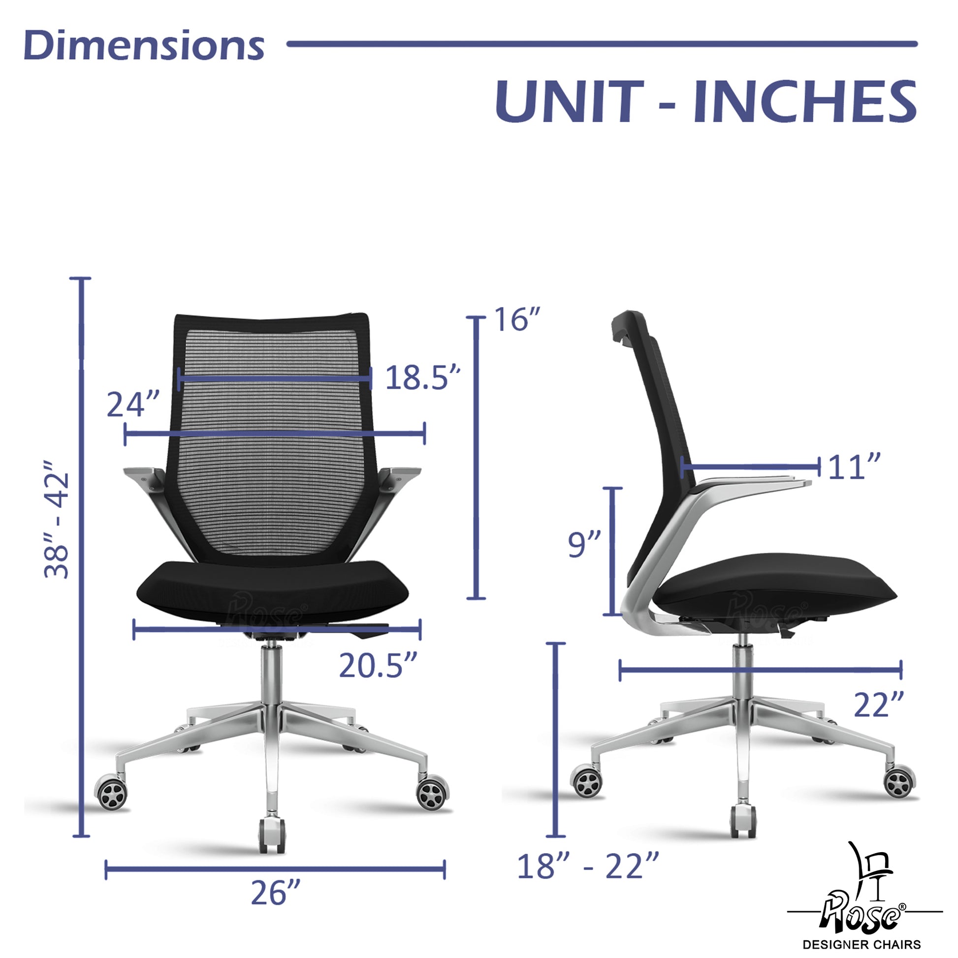 ROSE® Pablo Mid Back Office & Home Chair (Black (Mesh))