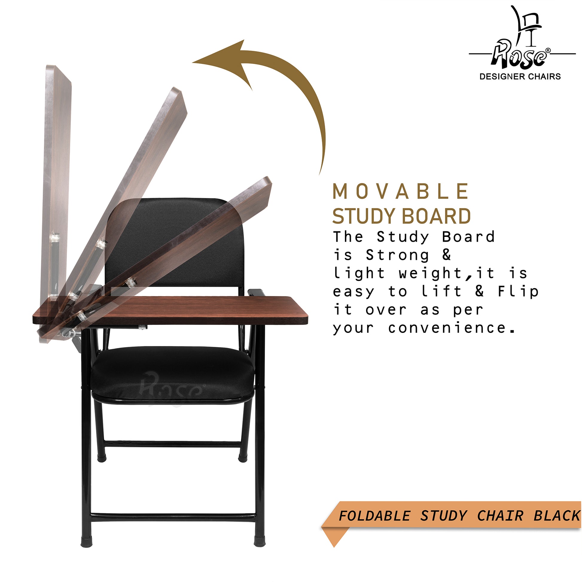 ROSE® Folding Chair with Writing Pad | Adjustable Cushion Seat | Work from Home, Study, School & College (Black)
