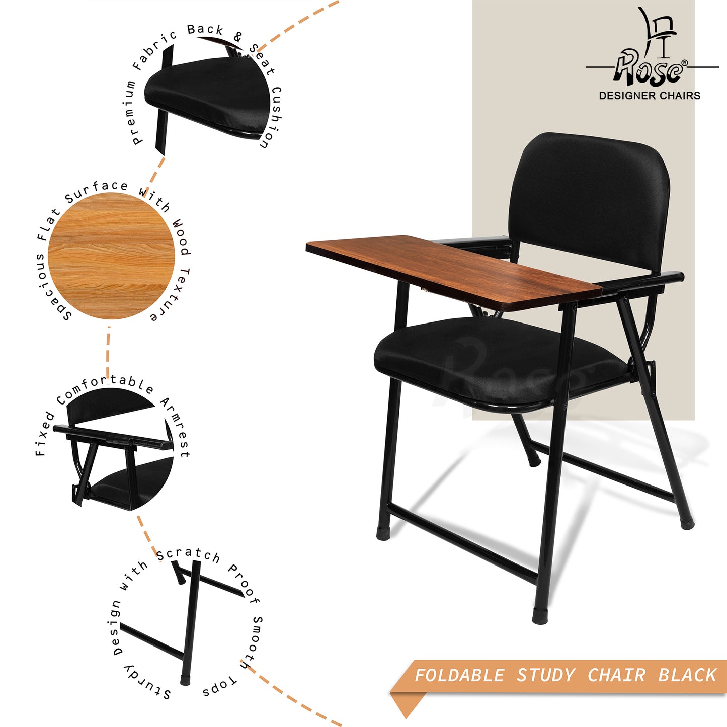 ROSE® Folding Chair with Writing Pad | Adjustable Cushion Seat | Work from Home, Study, School & College (Black)