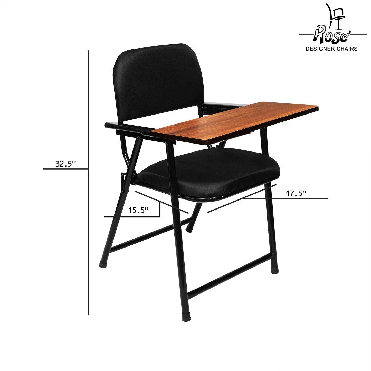 ROSE® Folding Chair with Writing Pad | Adjustable Cushion Seat | Work from Home, Study, School & College (Black)