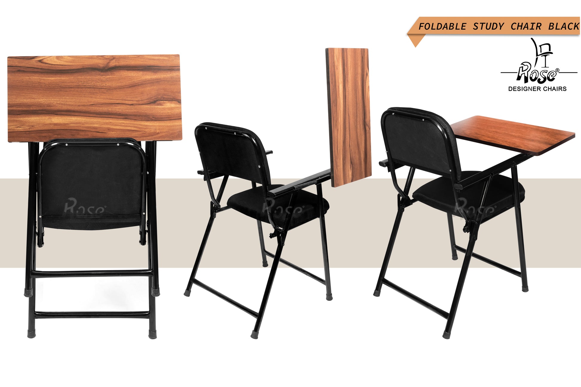 ROSE® Folding Chair with Writing Pad | Adjustable Cushion Seat | Work from Home, Study, School & College (Black)