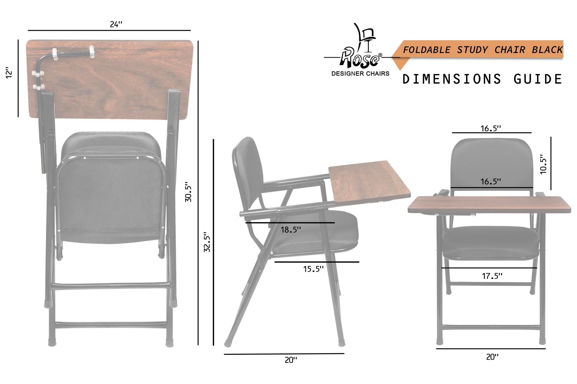 ROSE® Folding Chair with Writing Pad | Adjustable Cushion Seat | Work from Home, Study, School & College (Black)